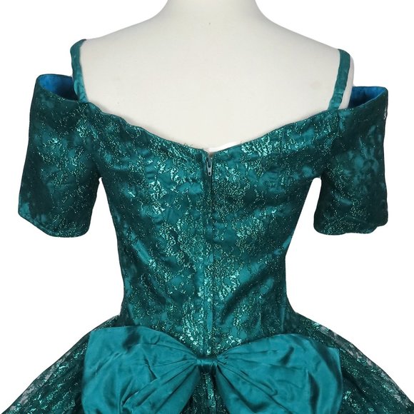 Vintage 80s Gunne Sax Green Metallic Lurex Floral Lace Full Skirt Prom Dress S - Picture 12 of 12
